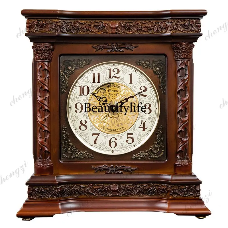 Solid wood clock Living room European silent desk clock Chinese three-dimensional relief quartz clock