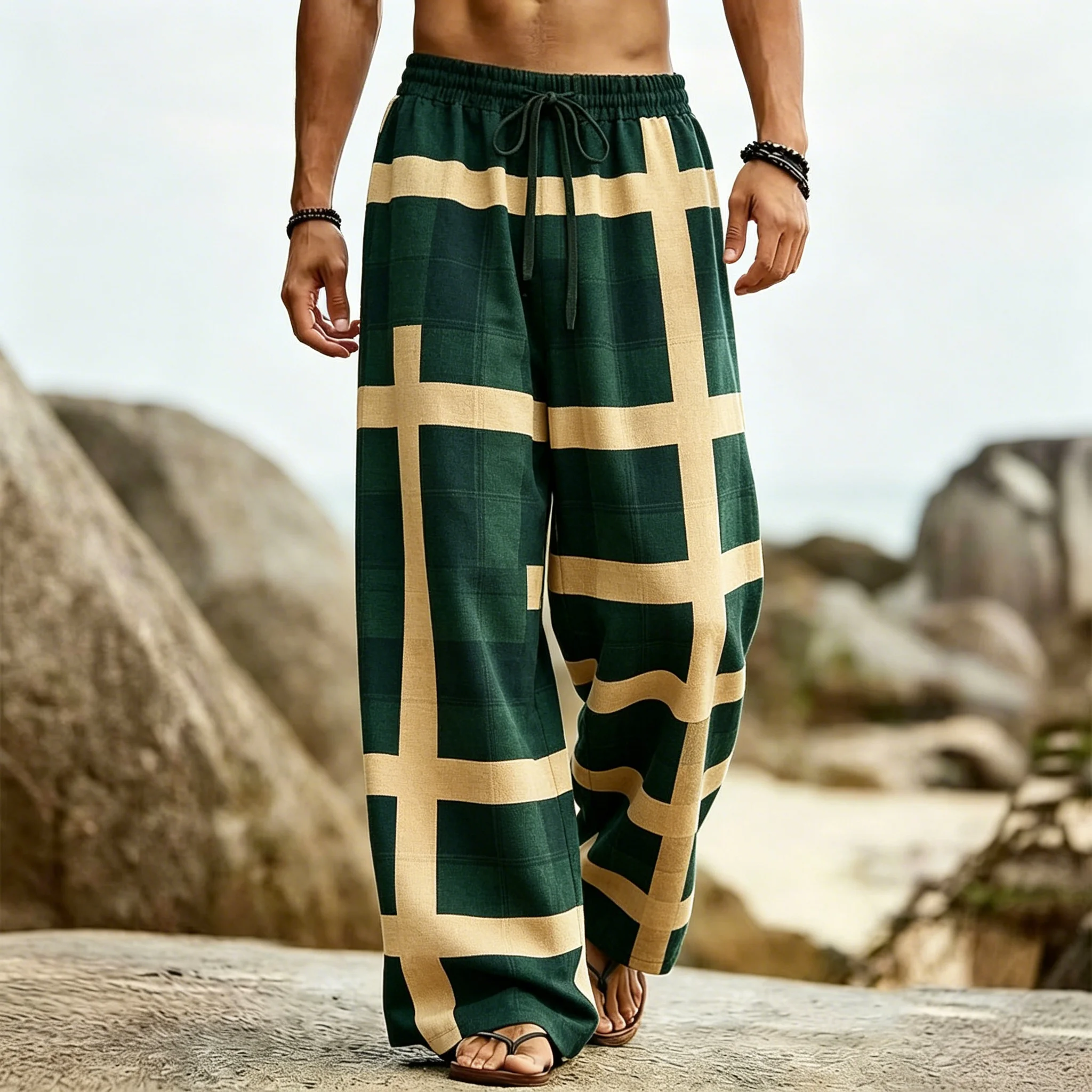 Men's Classic Navy Plaid Print Drawstring Wide Leg Pants