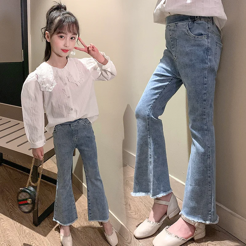 New Spring Summer Teens Girl Clothes Denim Jeans Fashion Patchwork Harajuku Tight flared Pant Child High Elastic Waist 12 years