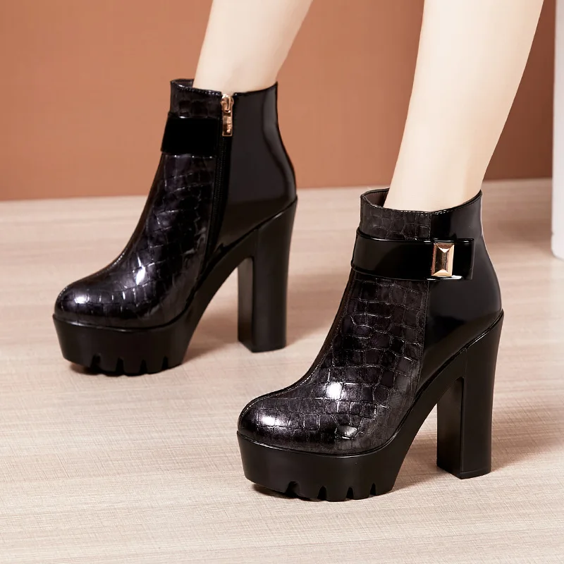 High quality short ankle patent leather boots for women 13cm high heel point toe 2025 32 33 34 autumn winter fashion shoe red