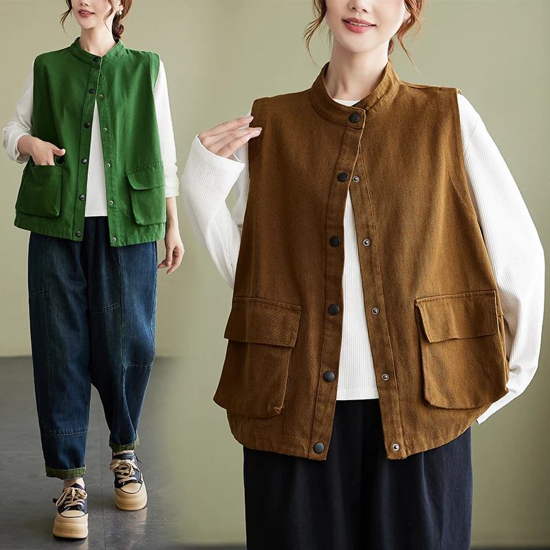 

Retro Workwear Vest Women's Spring Autumn Large Size Faionable with Big kets Jaet Coat Casual Commute Pure Color Cotto...