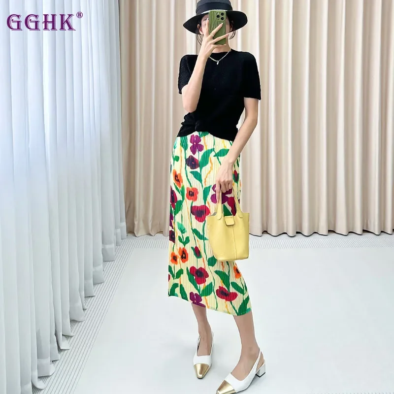 

GGHK Pleated Women Casual Skirt High Waist Skinny Printed Design Loose Large Size Female Straight Skirt 2025 Spring Autumn New