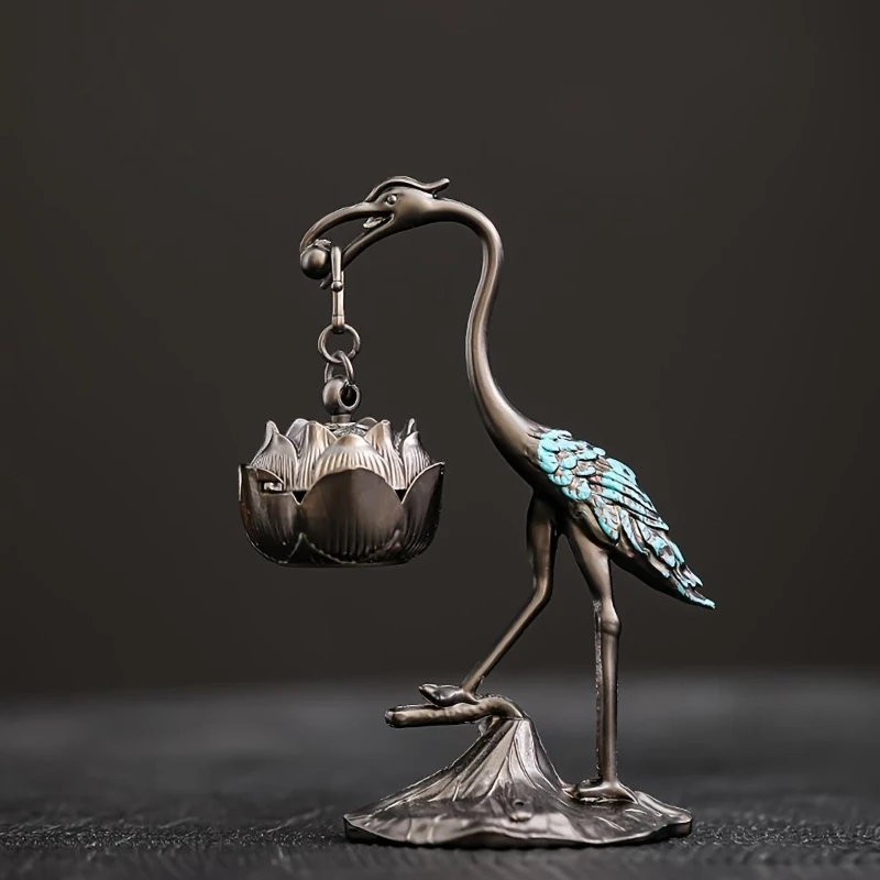 1Pc Elegant Crane Lotus Flower Incense Burner Metal Home Decor with Creative Line Holder