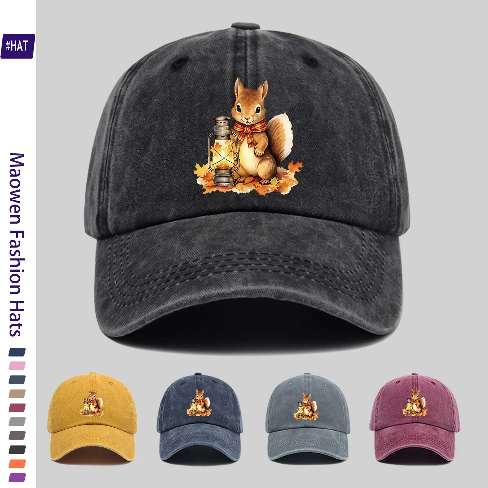 1pc Oil Lamp Autumn Leaves Scarf Squirrel Pattern Heat Transfer Printed Unisex Baseball Cap Spring/Summer/Autumn/Winter