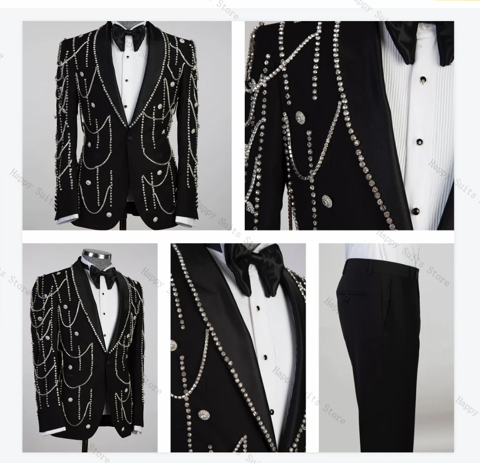 Luxuriöser Herrenanzug mit Kristallsteinen, 2-teiliger Blazer + Hose, schwarzer Hochzeits-Smoking aus Baumwolle, formelle Büro- und Business-Jacke