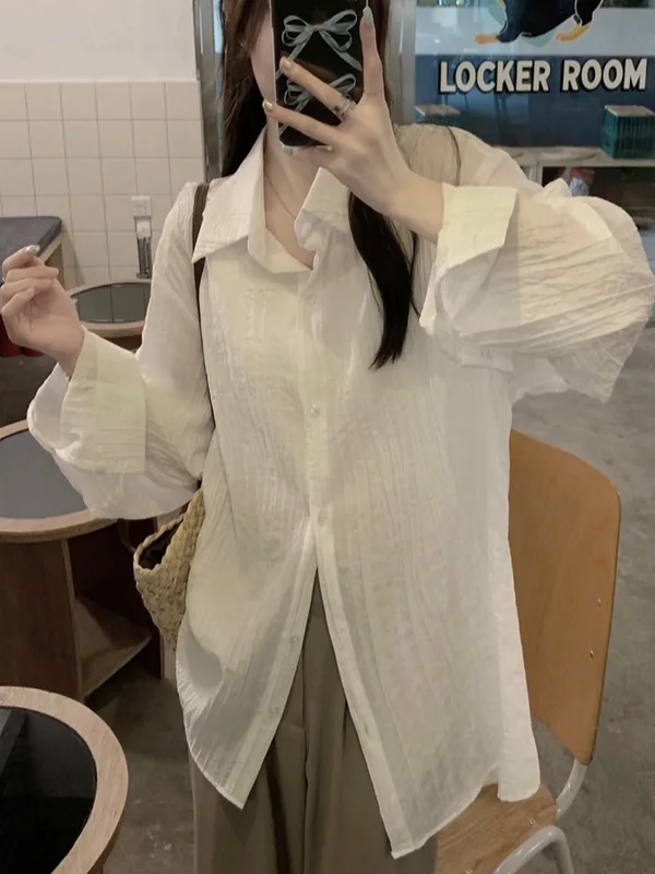 

Loose Casual Long Sve Collar Women's irt Faionable Korean Sle Sun Protection Top Sli Trendy Outerwear