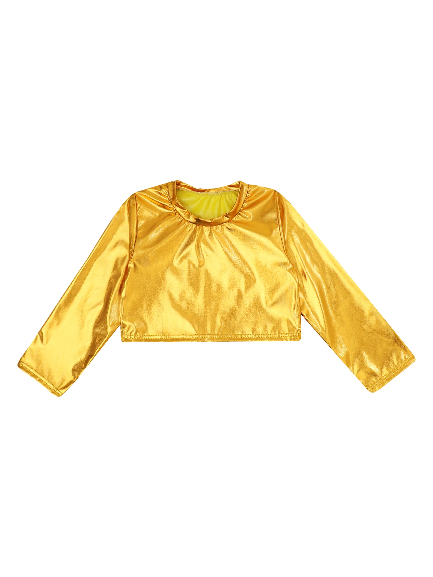 

Kids Girls Boys Jazz Dance T-shirt New Shiny Metallic Long Sleeve Crop Top Hip Hop Dancewear for Party Stage Performance Costume