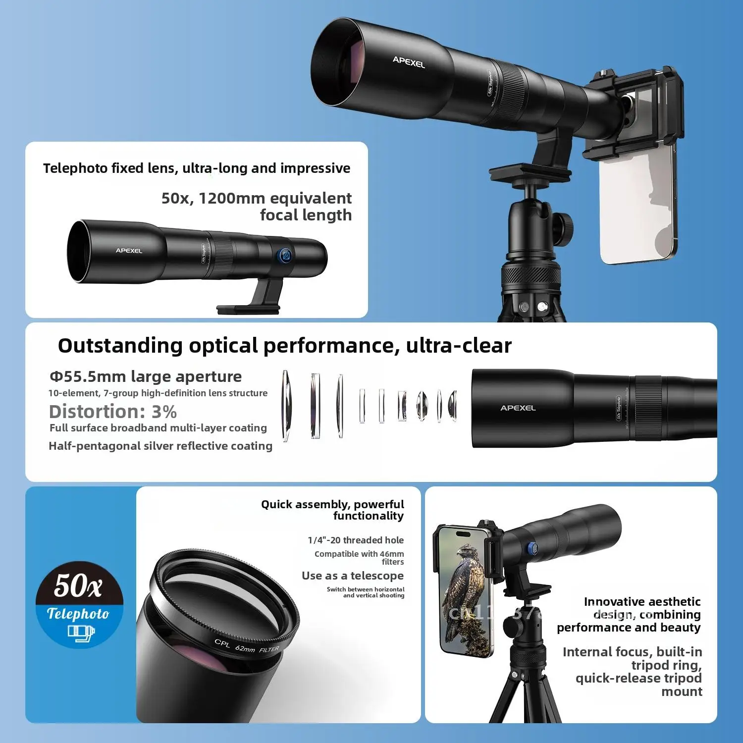 Teleobjektiv für Mobiltelefone, HD-Hochleistung, interne Fokussierung für die Mondbeobachtung im Freien, kompatibel mit Vogelbeobachtung