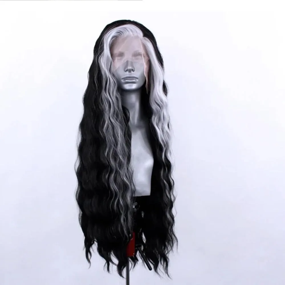 Black Mixed White Hair Loose Deep Frontal Wig Water Wave Lace Front Wig Heat Resistant Natural Hairline Fiber Hair Daily Wear