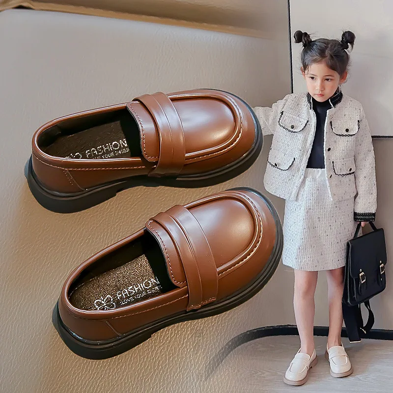 Girls' leather shoes2024Spring and Autumn New Children's Soft-Soled Princess Shoes Black Student Shoes Slip-on Casual Loafers