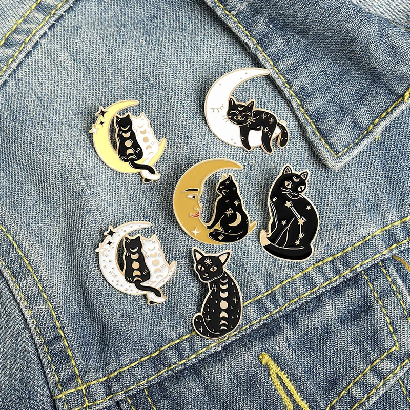 Cute Little Black Cat Brooch Delicate Moon Cat Brooch Animal Brooch White Cat Brooch Punk Black Cat Brooch Couple Cat Pin