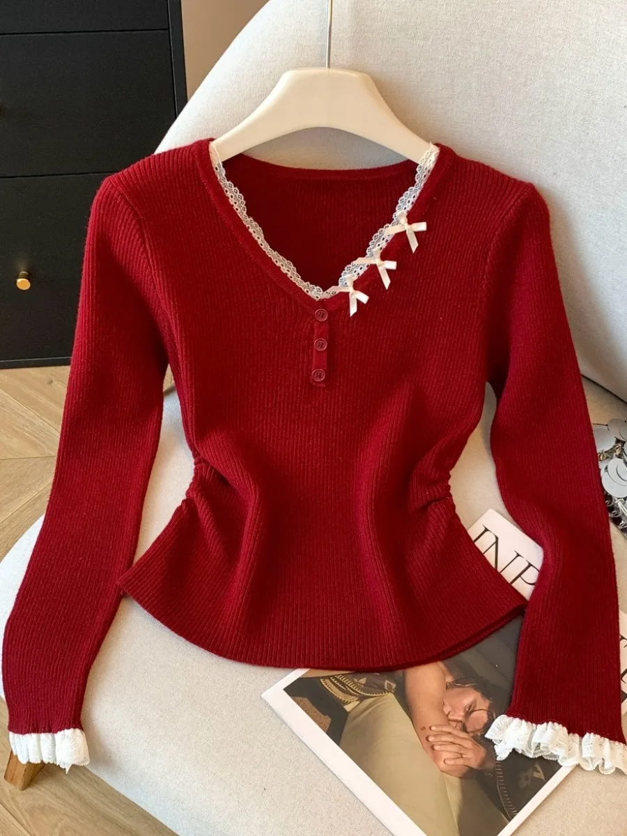 

Красный трикотажный топ с кружевной отделкой и V-образным вырезом, имитация двухслойного платья, для женщин, весна-осень-зима