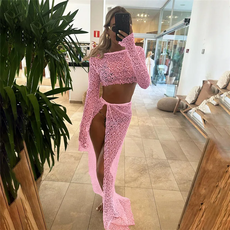 

Pink Women's Prom Dress Summer 2 Pieces Full Sleeves Top+Long Skirt Holiday Beach Casual Sexy See Through Hot Girl Wear Robes