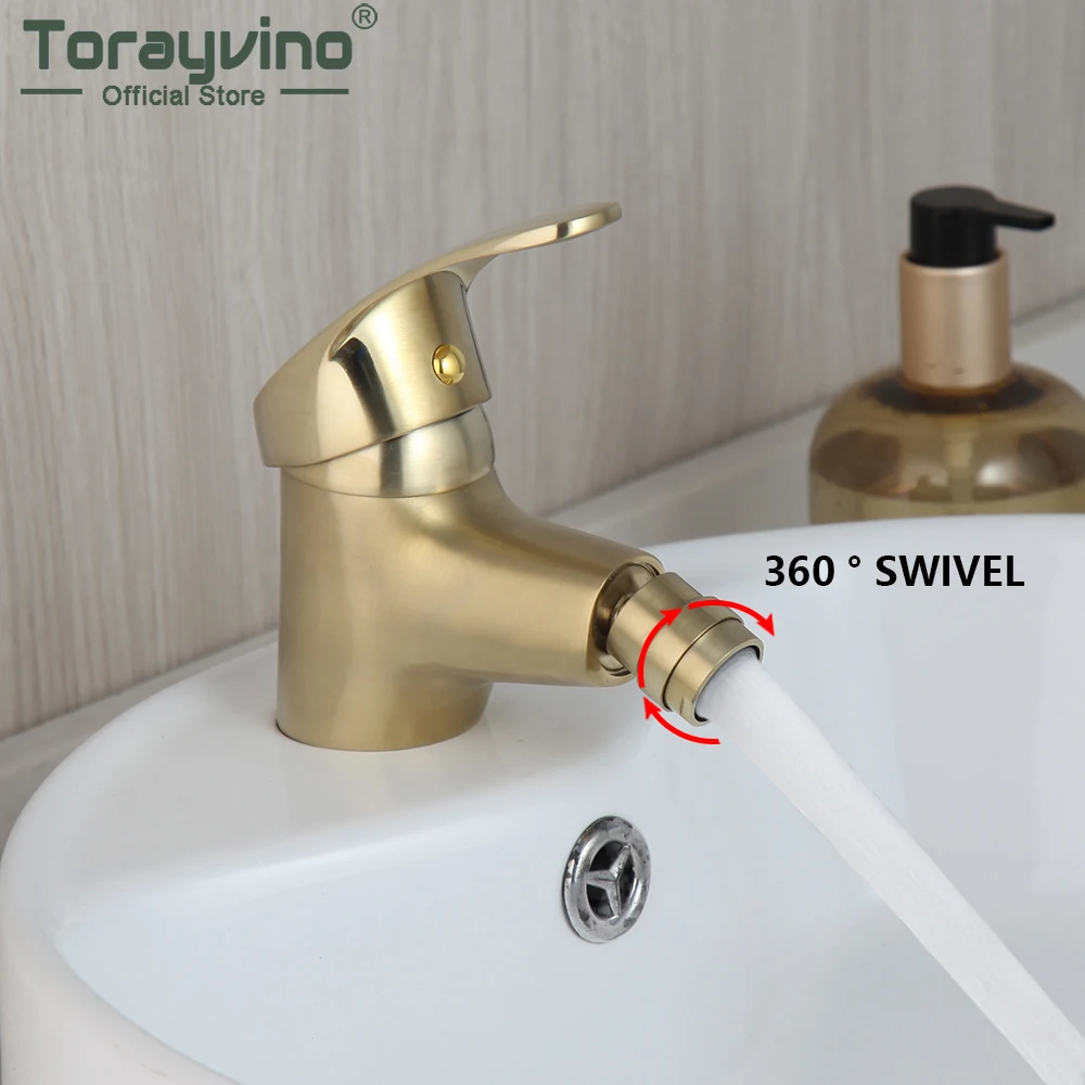 

Torayvino Bathroom Faucet Brushed Gold Solid Brass Bidet Faucets Vessel Sink Tap Deck Mounted Hot and Cold Mixer Water Torneira