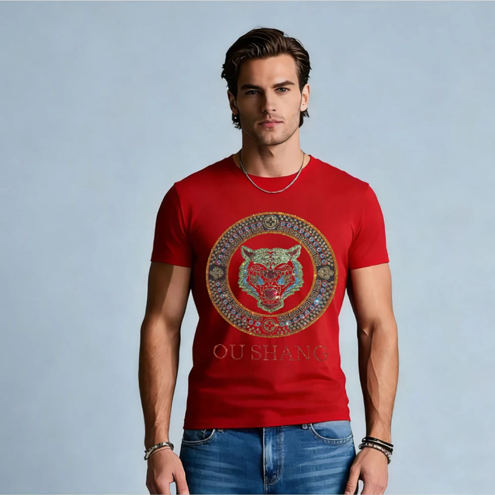 Summer New Men Cotton T Shirt Tiger Rhinestone Luxury Design High Street Style Casual Loose Tees Short Sleeve Tops Male Clothing