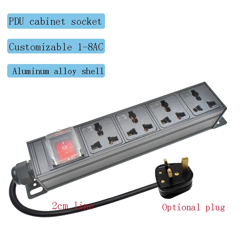Aluminum Alloy Shell PDU Power Strip Network Cabinet Rack 10A Universal Socket 1-10AC, with Double Break Switch 2cm Wire