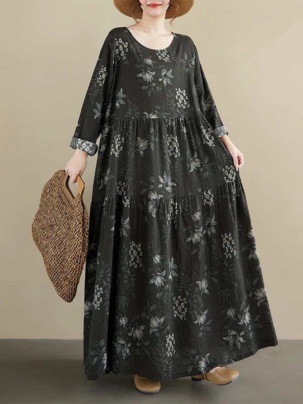 

Retro Floral Print Long Sve Loose Women's Dr Large Size Slimming Overhead Maxi Skirt A-Line Gown Comfortable Breathable
