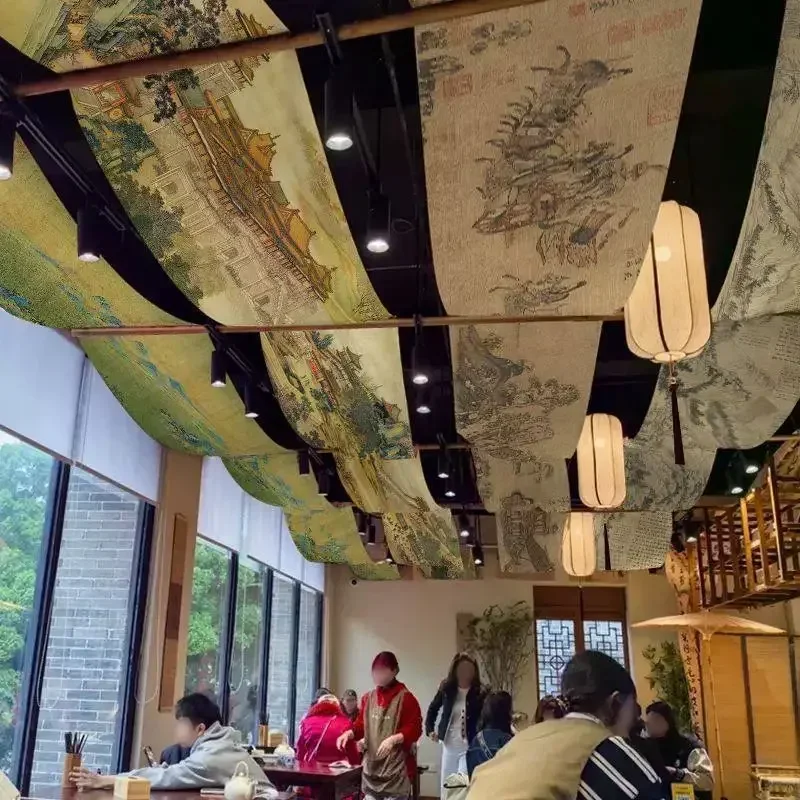 VIKAMA Ceiling Decoration Canopy Hanging Fabric Chinese Ancient Painting Restaurant Bar Cafe Home Decor