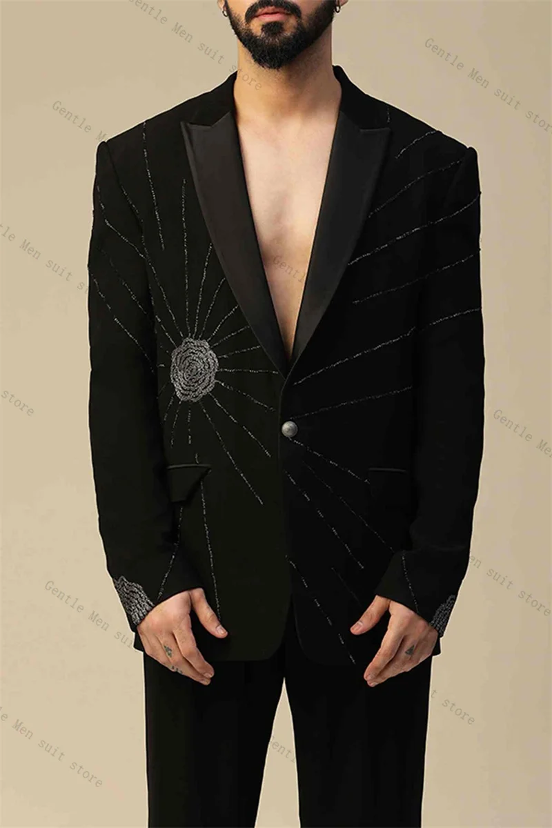Black Crystals Men Suits Set 2 Pcs Blazer+Pants Trousers Guest Wedding Tuxedos Cotton Formal Office Customized Jacket Coat