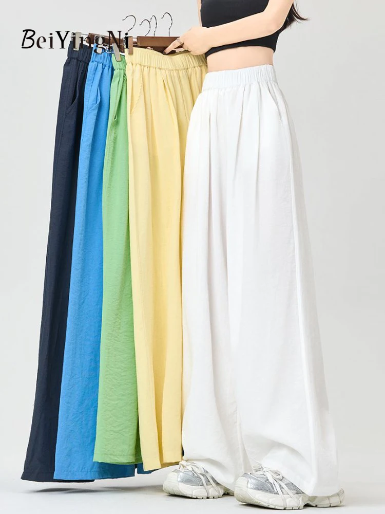 Beiyingni 2025 estate coreana donna pantaloni a gamba larga tinta unita semplice High Street pantaloni larghi in cotone e lino femminile tutto-fiammifero