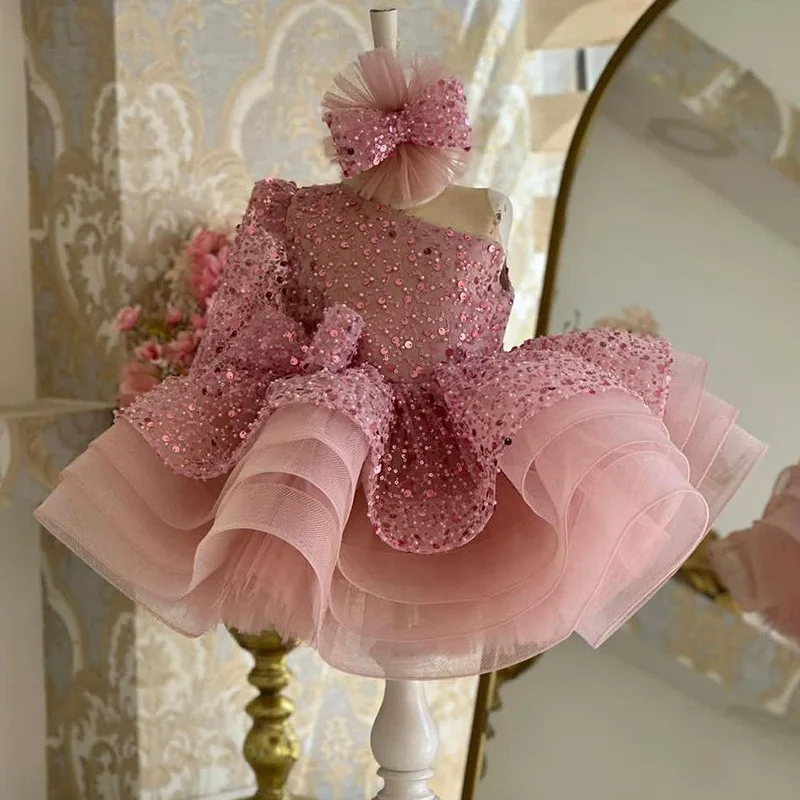 Baby Girls Prom Ball Gown Princess Fluffy Girls Christmas Party Dresses Elegant Pink Sequin Mesh Puffy Vestido Children Clothing