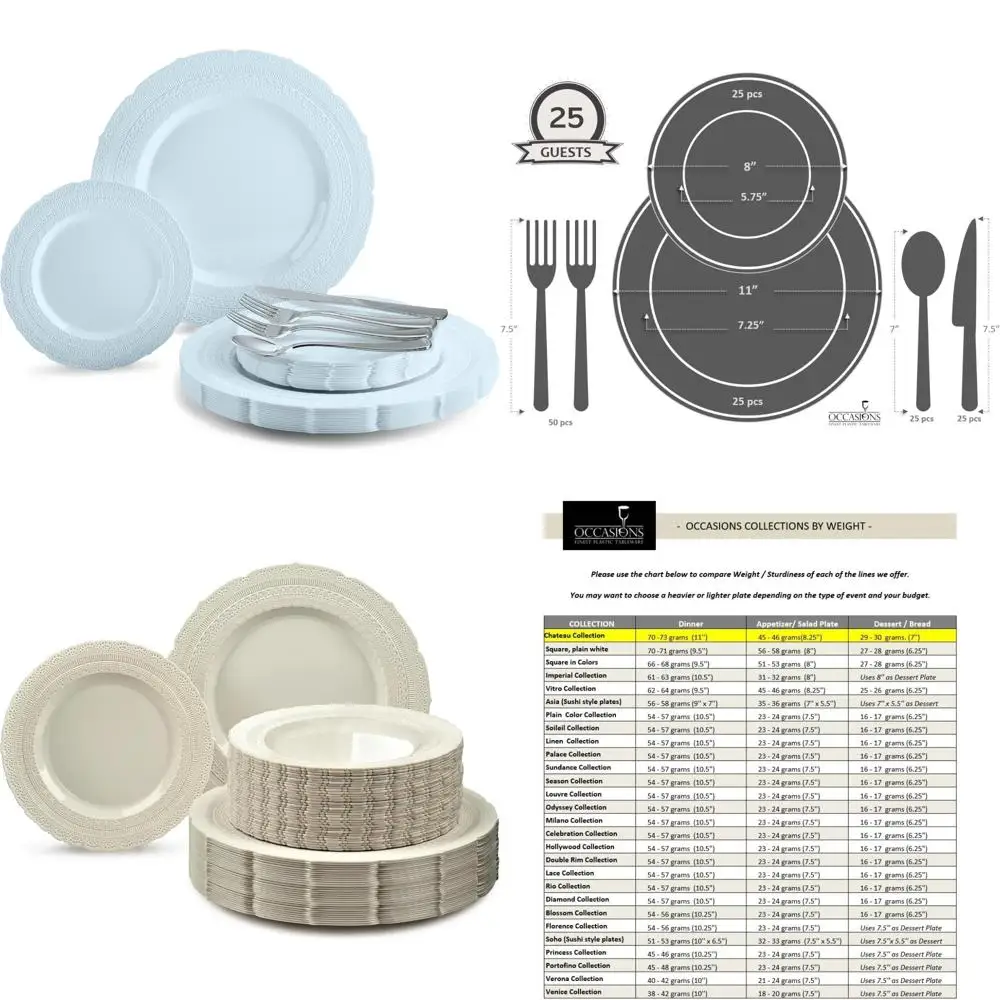 

Vintage-Style Heavyweight Plastic Wedding Plates Set for 25 Guests - 25pcs 11 Inch and 25pcs 8.25 Inch Reusable Tableware