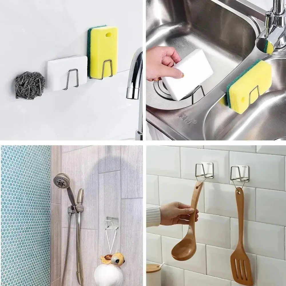 5Pcs Kitchen Sponges Holder Stainless Steel Sink Sponges Drain Drying Rack Self Adhesive Storage Holder Wall Hooks Organizer