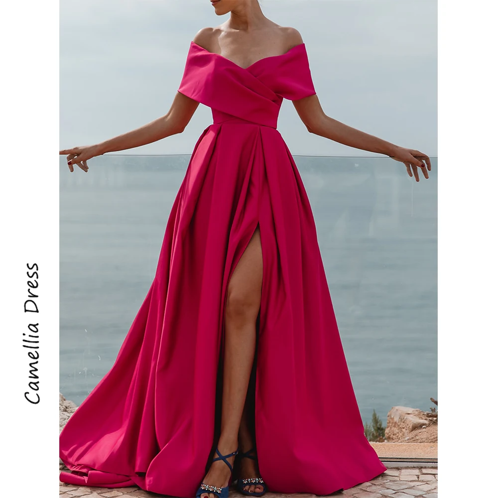 

Elegant Evening Dresses A-Line Party Dresses Off Shoulder Ruched Slit Sleeveless Formal Dresses Vestidos De Fiesta فساتين السهرة