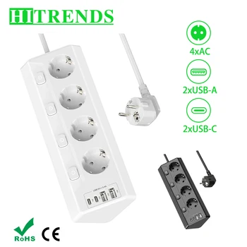 EU Corner Socket Power Strip 4 AC Outlets, Table Socket with 2 USB A 2 Type C Multiple Plug Wall with Switch for Kitchen Home