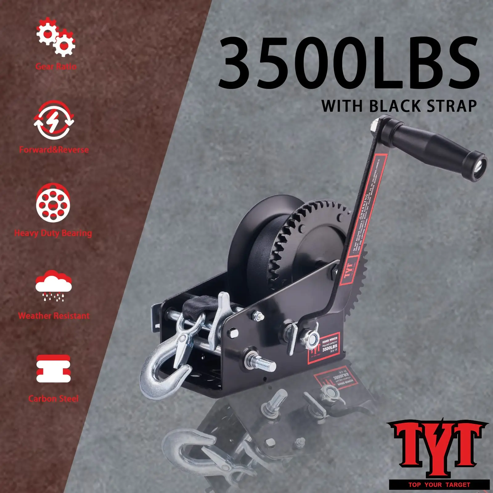 3500LB Boat Trailer Strap Winch with 10M Black Polyster Strap, Hardened Steel 2 Gear Ratio 4:1/8:1 Hand Crank Winch with Heavy D