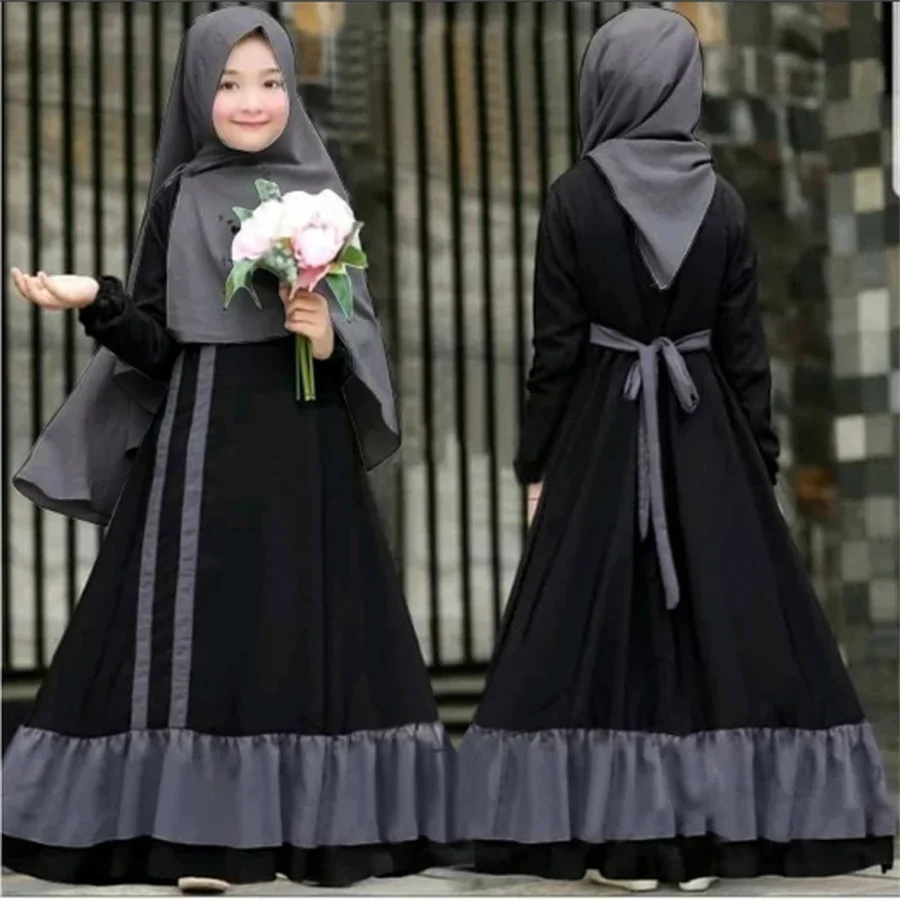 Muslim 2 Pcs Ramadan Sets Children Plain Robe Islam Girls Modest Clothing Kids Hijab Prayer Dress Abaya Dubai Turkey Kaftan Gown