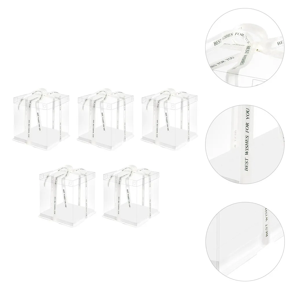 

5Pcs Birthday Cake Box Transparent Single Layer Cake Carrier Ribbon Design Portable Food Storage Container for Travel Picnic