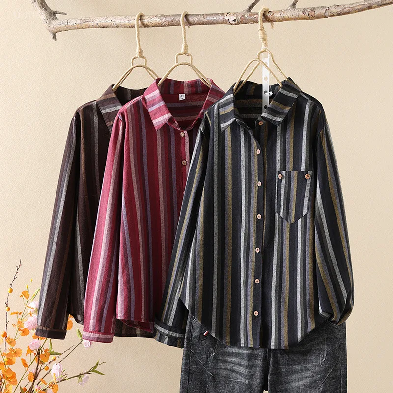 Stripes Shirts&blouses Women Tops Spring Autumn Japanese Style Loose Retro Blusas Mujer Contrast Color Casual Camisas