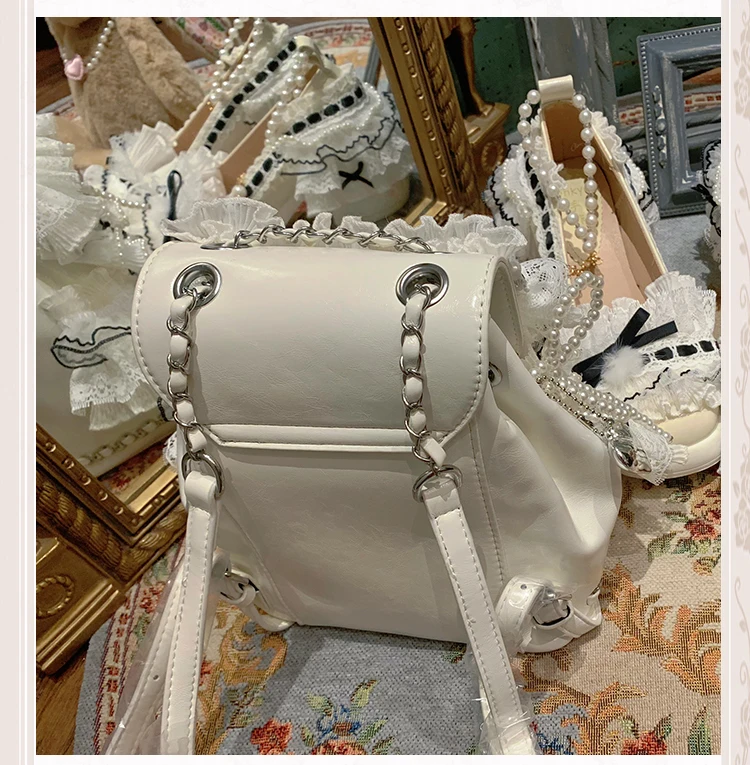 Japanese Original Lace Trim Pearl Bow Handbag French Sweet Elegant Lady Fashion Versatile Backpack