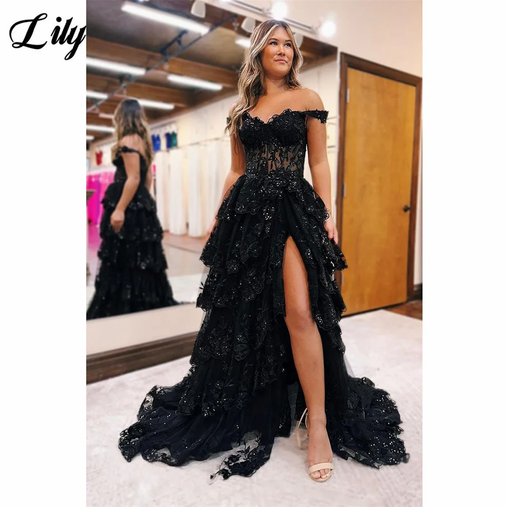

Lily Black Elegant Formal Gown Tulle Appliques Off - Shoulder Prom Dresses Side High Split Layered Dresses For Prom Customized