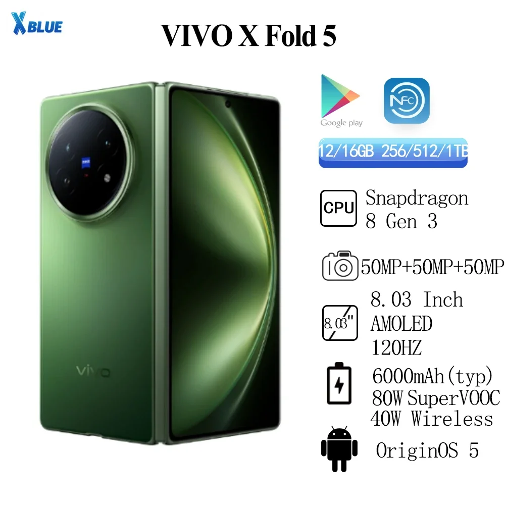 هاتف ذكي VIVO X Fold 5 الأصلي Snapdragon 8 Gen 3 بطارية 6000mAh 80W SuperVOOC 40W كاميرا لاسلكية 50MP 8.01 "120 هرتز NFC
