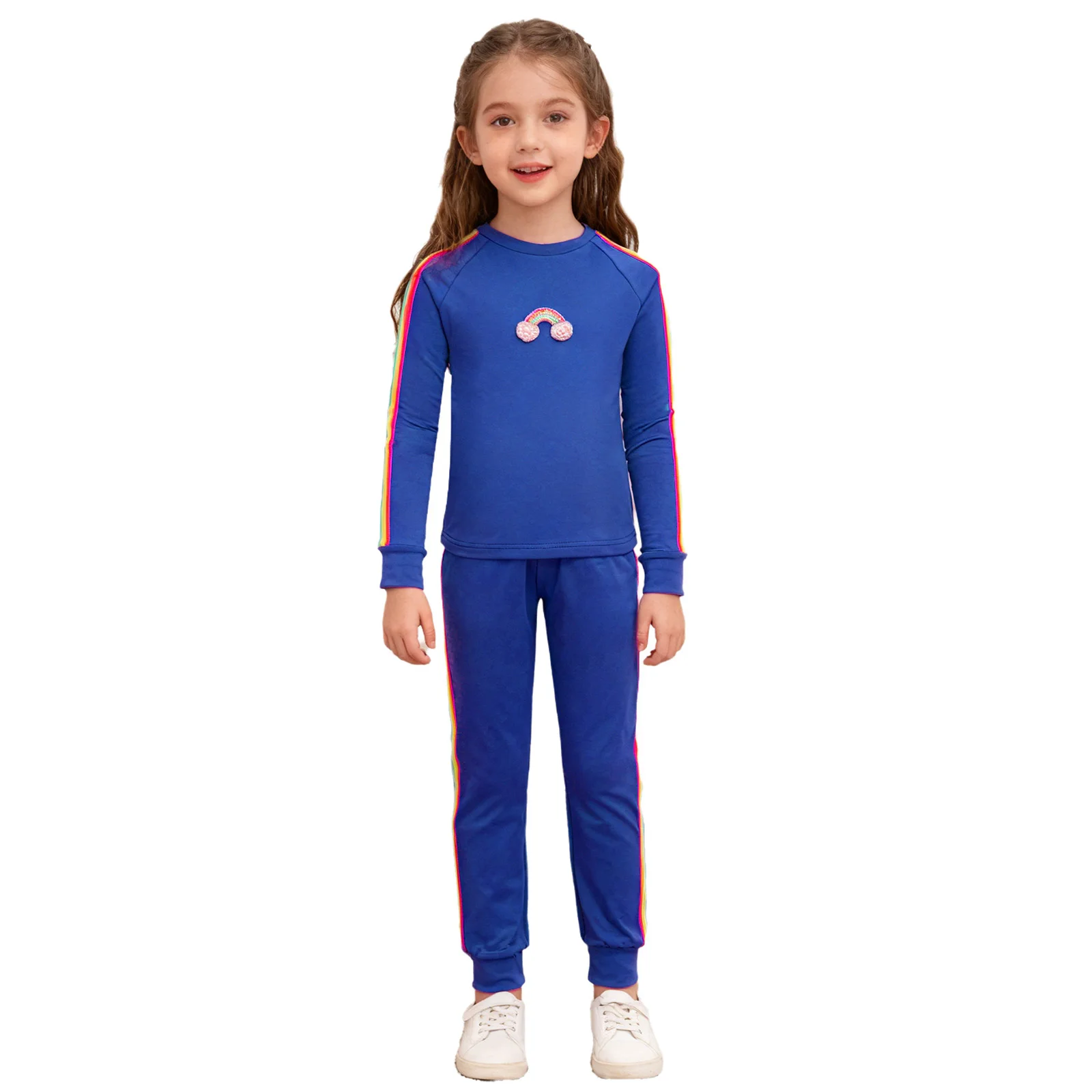 

Kids Girls Thermal Underwear Set Casual Homewear Round Neck Long Sleeve Rainbow Contrasting Stripes Top with Pockets Pants 2Pcs