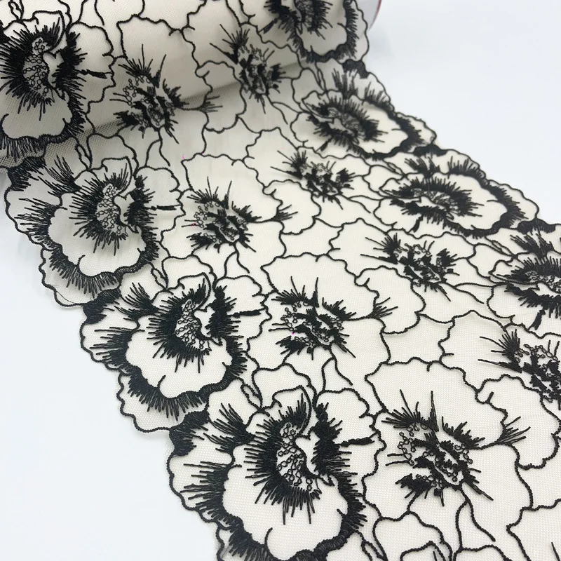 20Yards Women Lingerie Underwear Lace Fabric 22cm Embroidery Black Floral Mesh Flower Embroidered Lace Trim