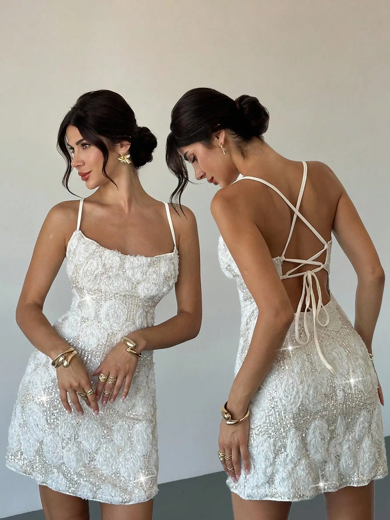 

Женское мини-платье с вышивкой пайетками и цветочным узором, с перекрестной завязкой на спине