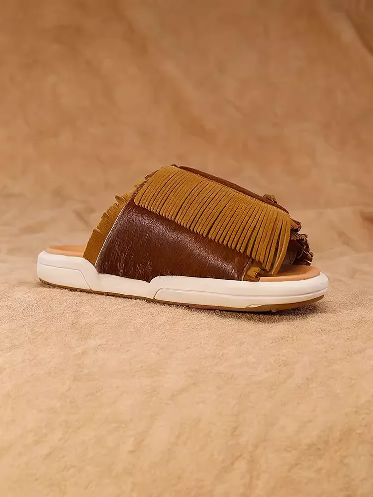 VISVIM Summer Fashion Brown Horsehair Inner Tassel Adjustable Elastic Slippers