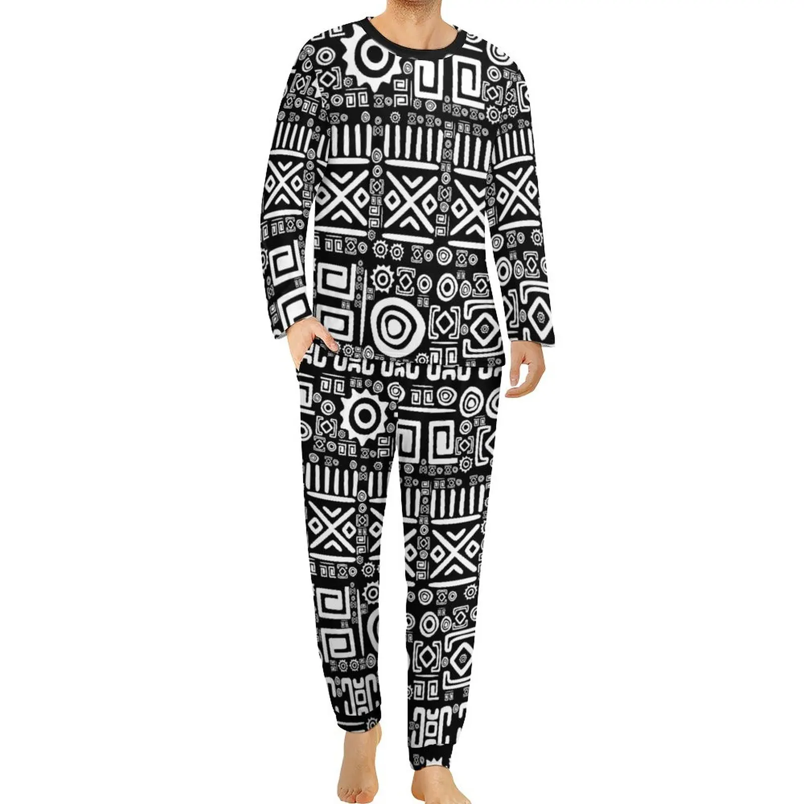 

Ethnic African Pajamas Spring Black and White Aesthetic Sleepwear Men 2 Piece Custom Long Sleeve Cute Big Size Pajama Sets