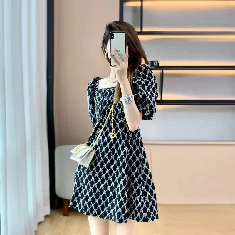 Women's Summer New Tweed Style Dress Slimming Square Collar Puff Sleeve Little Black Dress Trendy