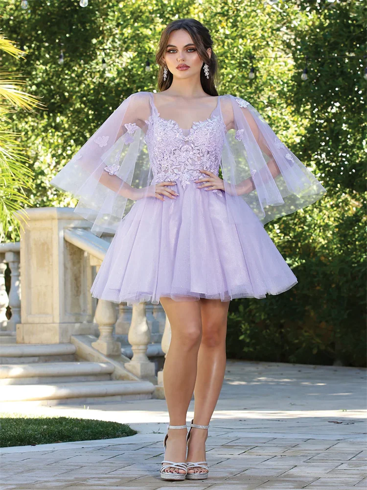 

Elegant Sweetheart Bodice Butterfly Applique Short Cape Sleeves A-Line Glitter Tulle Homecoming Dress Open Back Zipper Gown 2024