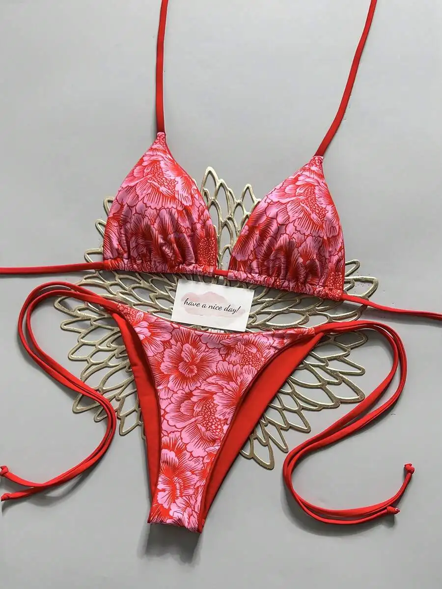 

2-Piece Bohemian Floral Print Contrast Color Women Bikini Swimsuit For Beach Pool Party