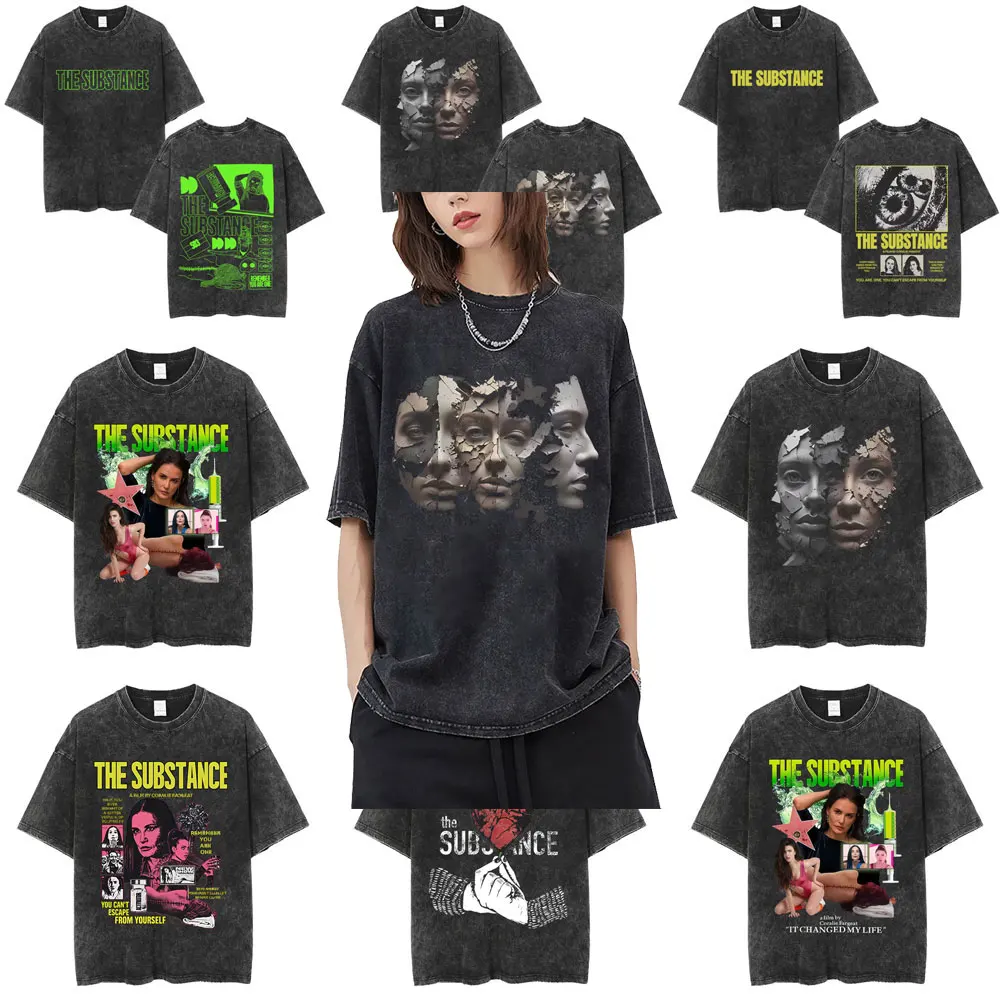 

Horror Movie The Substance Washed Vintage T-shirt Men Women Hip Hop Fashion Oversized T Shirts Men's Cotton T-shirts Streetwear