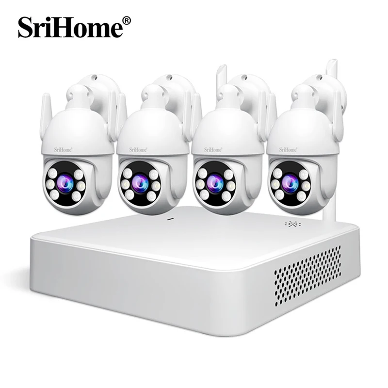 Srihome 4CH Wireless IP Camera Kit NVR Outdoor CCTV Security System 1080P PTZ Surveillance Cams Set Two Way Audio Monitor