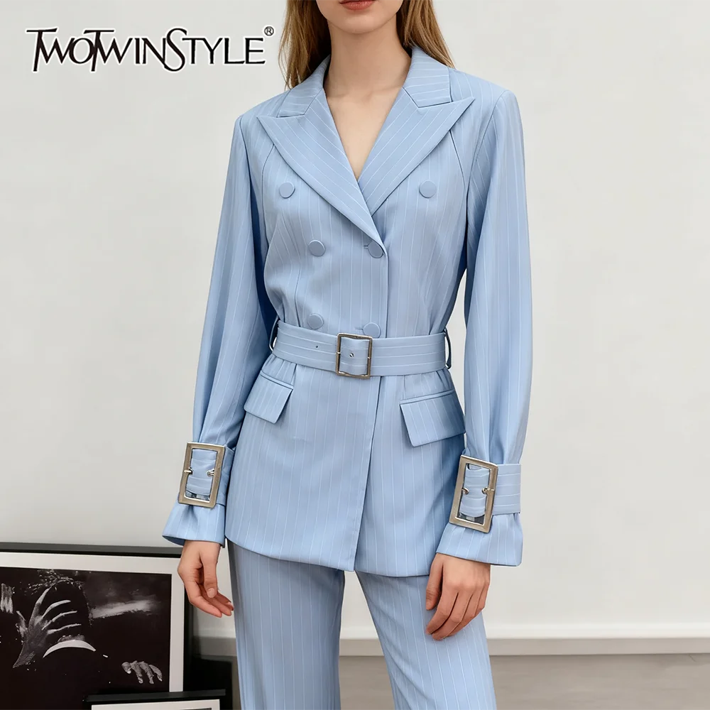 

TWOTWINSTYLE синяя куртка со сращенными поясами, женская свободная элегантная куртка с лацканами и длинными рукавами, интеллектуальные женские куртки, осенняя мода, новинка