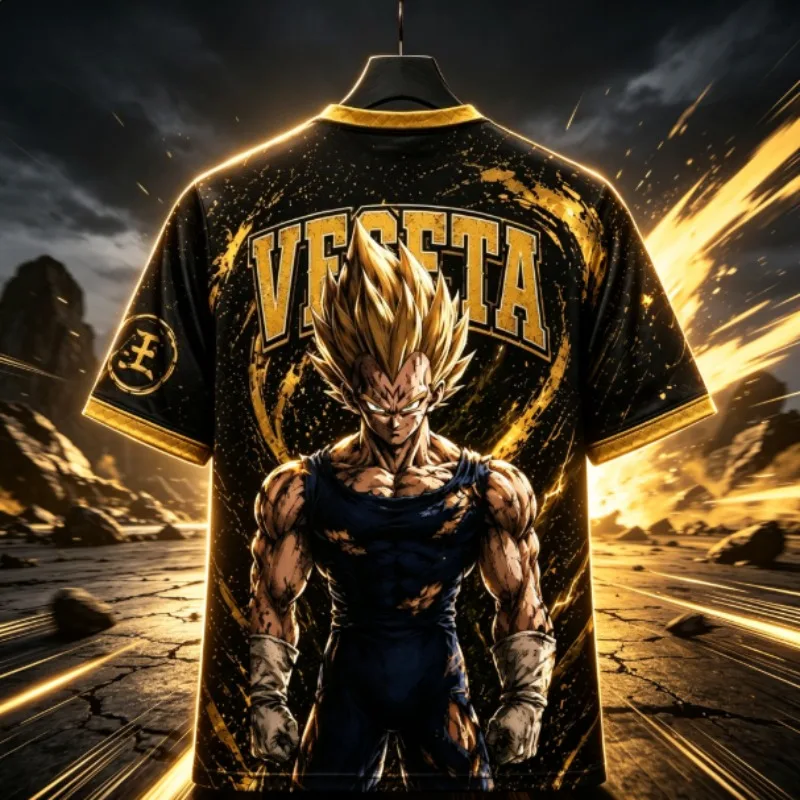 Anime Dragon Ball Z Super Saiyan Vegeta Graphic Mesh Jersey Men Women Oversized Breathable Gold Splash Print Street T-shirt Tops