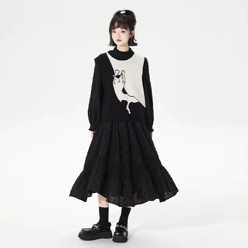 Women Cute Cat Jacquard Black White Color Block Knit Vest Loose Round Neck Sleeveless Layering Waistcoat S-XXL view 6