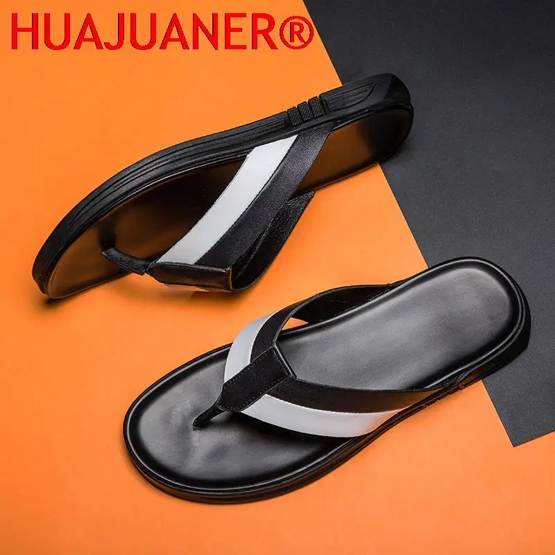 Men's Flip Flops Fashion Slippers Beach Casual Genuine Leather Sandals Summer Shoes for Men Outside Slippers Pantuflas Hombre